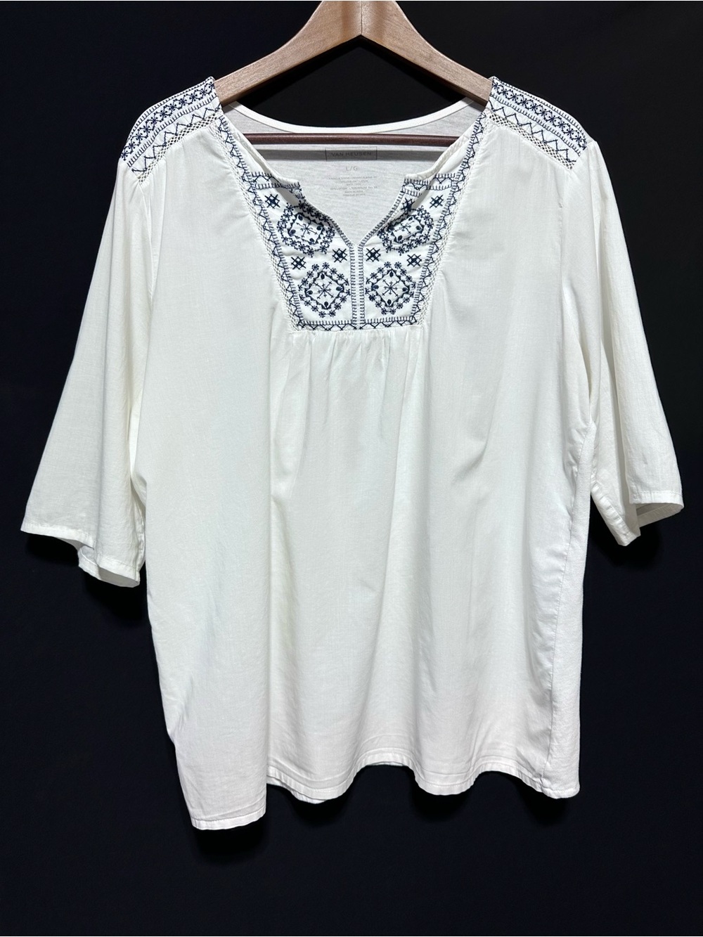 Van Heusen White Navy Embroidered Peasant Blouse Boho Cotton Large